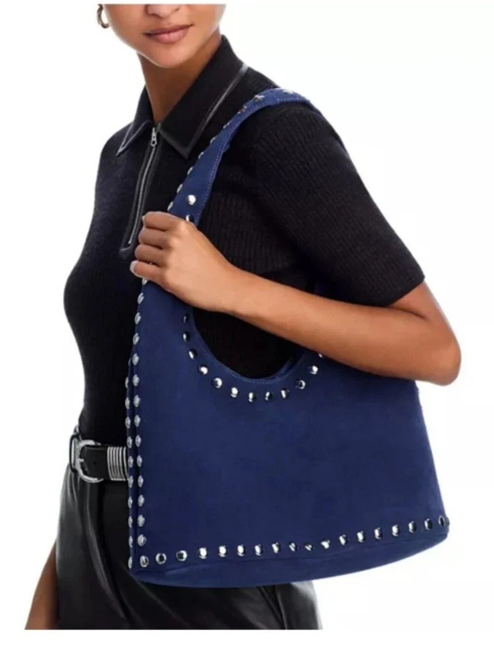 Aqua Navy Suede Studded Hobo Bag